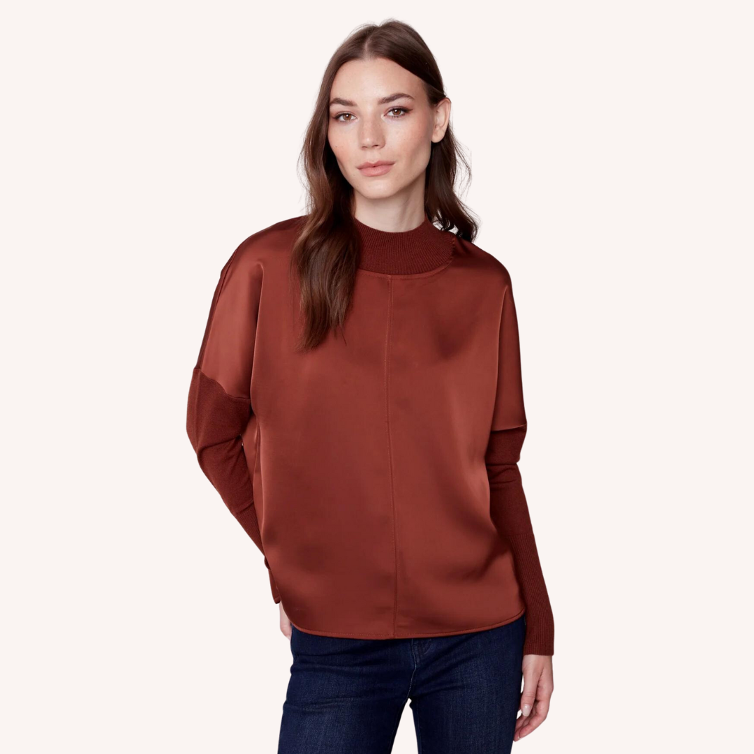 Satin Knit Top with Mock Neck