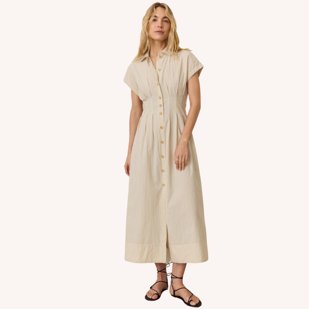 Nova Midi Shirt Dress- Cream Navy Stripe Irma Marie Designer Apparel Nova Midi Shirt Dress- Cream Navy Stripe Irma Marie Designer Apparel
