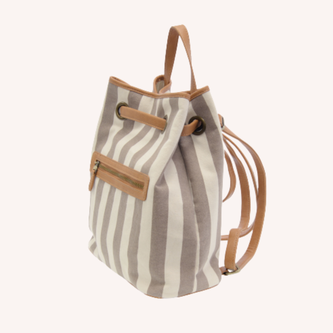 cognac leather backpack womens with stripe Natural Awning Stripe Backpack – Irma Marie Designer Apparel